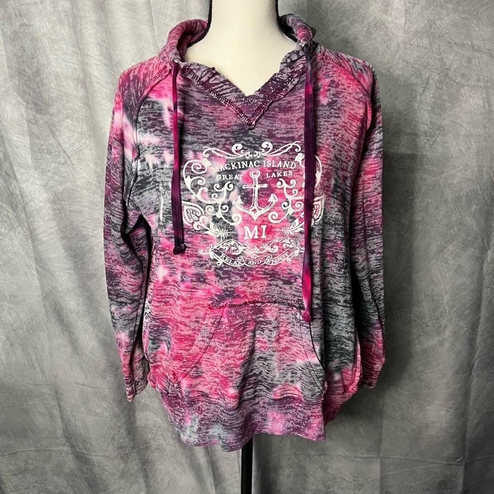 Pink, Black, White and Gray Hooded Mackinaw Island  Sweatshirt - LARGE